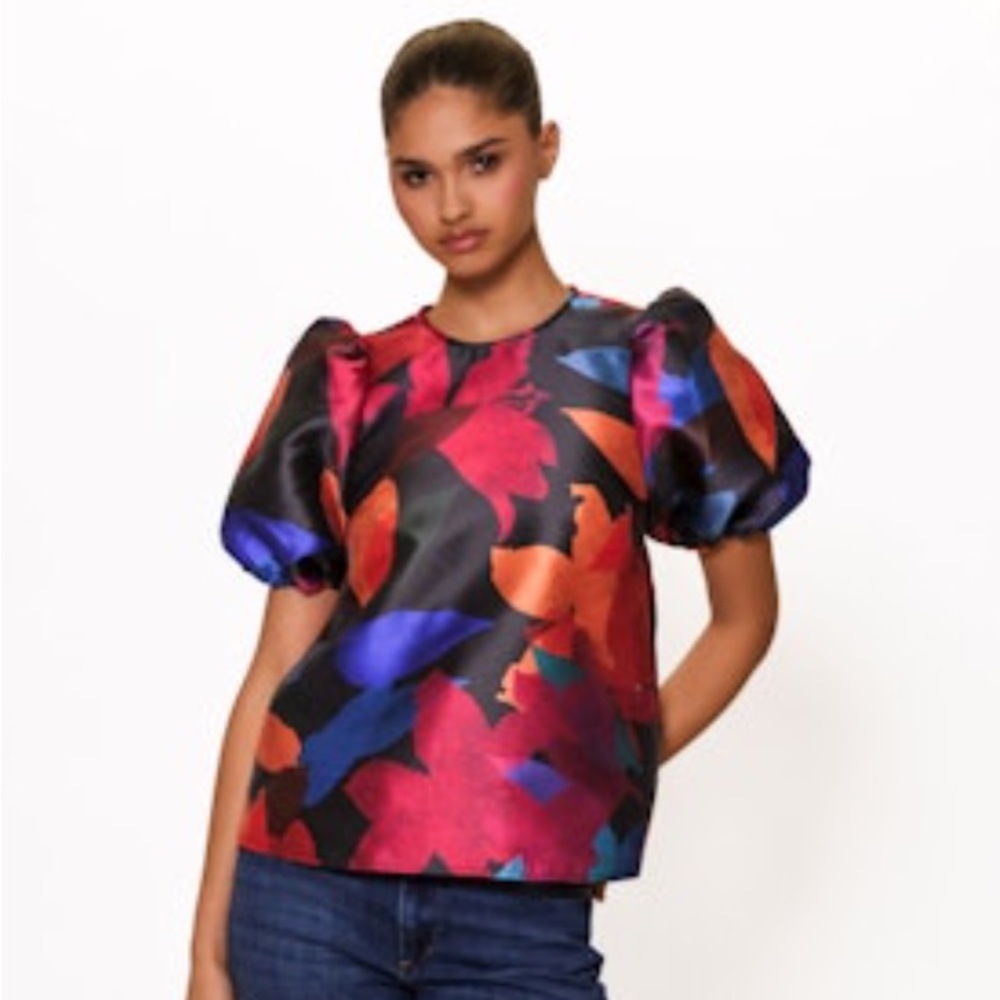 $165 NWT Hutch “Nadine”Puff Sleeve Blouse in Navy Papier Mache Floral Sz XXS